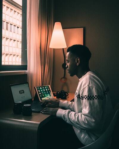 working on laptop