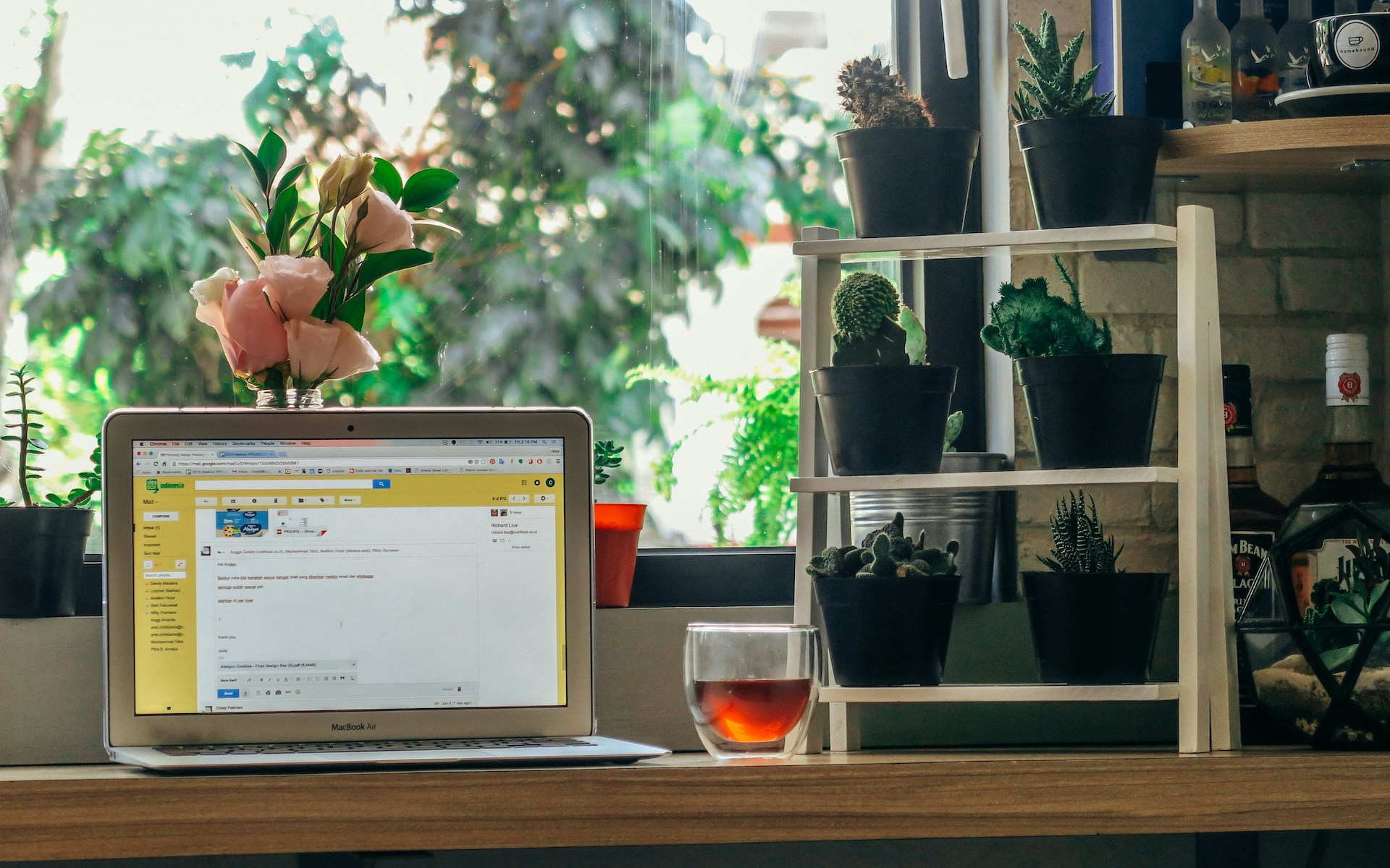 A laptop, a cup of tea, and lots of plants, creating the perfect workspace for anyone learning how to become a freelance writer.